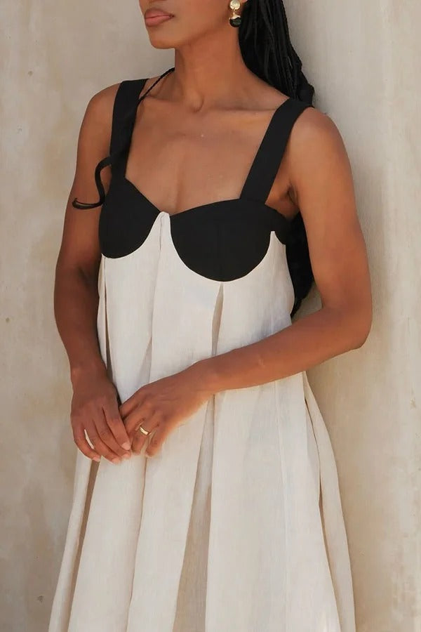 Jordina Linen Blend Colorblock Cups Backless Tie-up Loose Maxi Dress