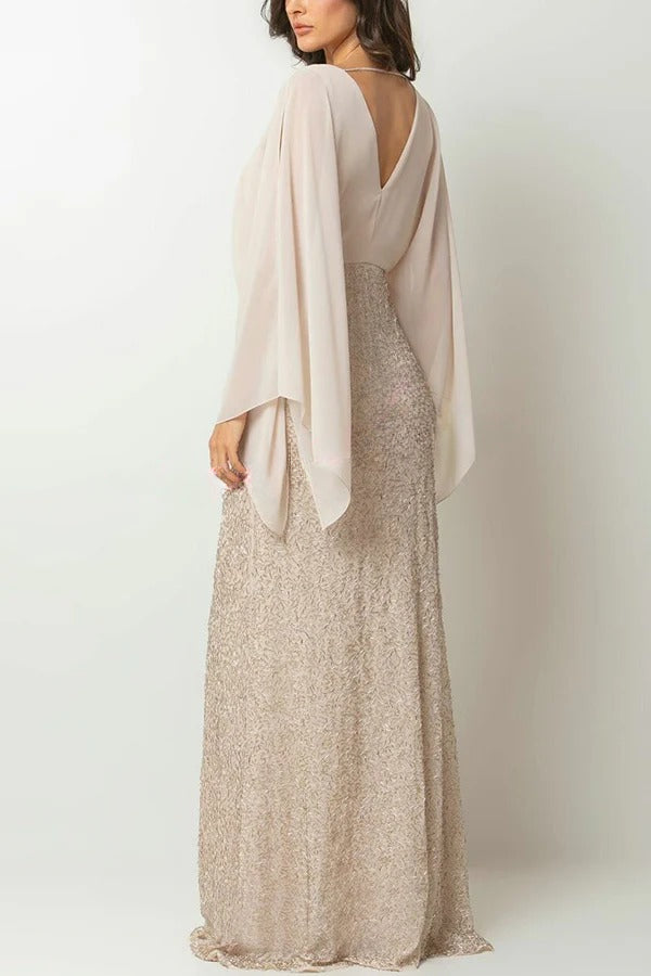 Aleina Chiffon Batwing Sleeve Flower Embroidered Waist Sequin Fabric Maxi Dress