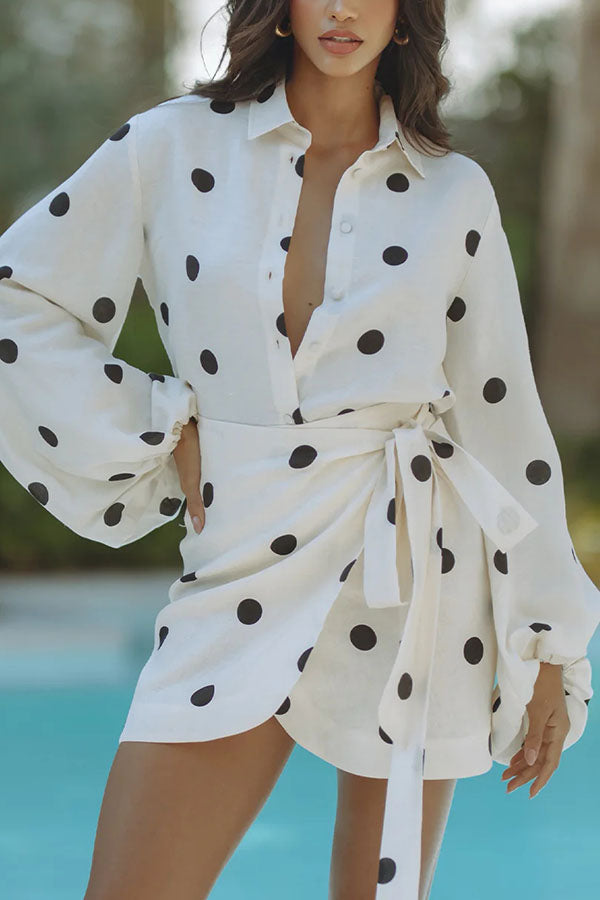 Effortlessly Linen Blend Polka Dot Balloon Sleeve Blouse and Wrap Tie-up Loose Mini Skirt Set