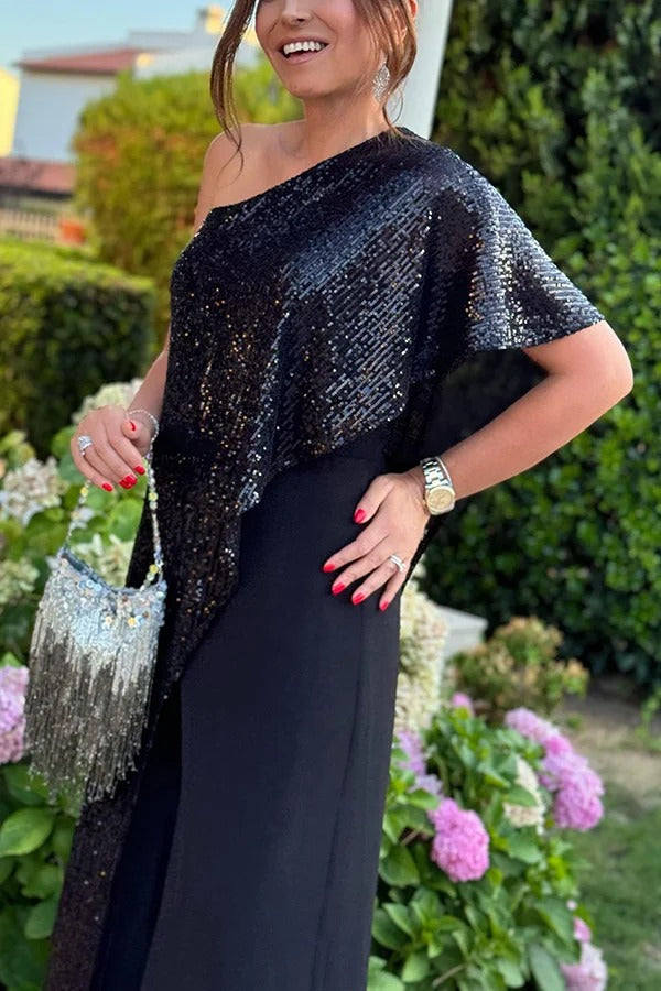 Party Favors Sequin One Shoulder Ruffle Detail Wide Leg Evening Jumpsuit