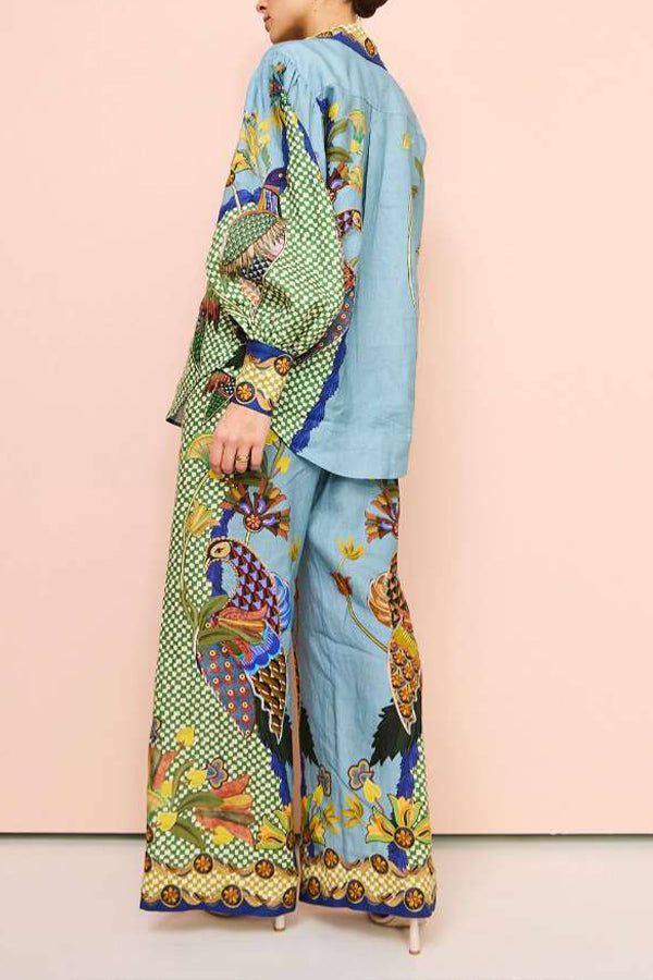 Smyrna Unique Heaven Bird Print Elastic Waist Pocketed Wide Leg Pants