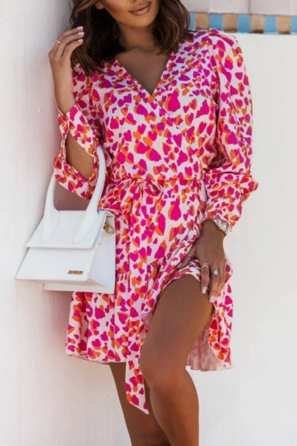 V-neck tie-up printed ruffle dress
