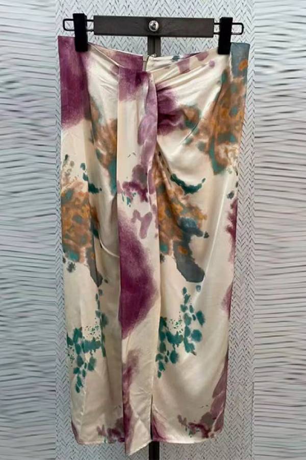 Artistic Tie-Dye Deep V Lantern Sleeve Skirt Two-Piece Set