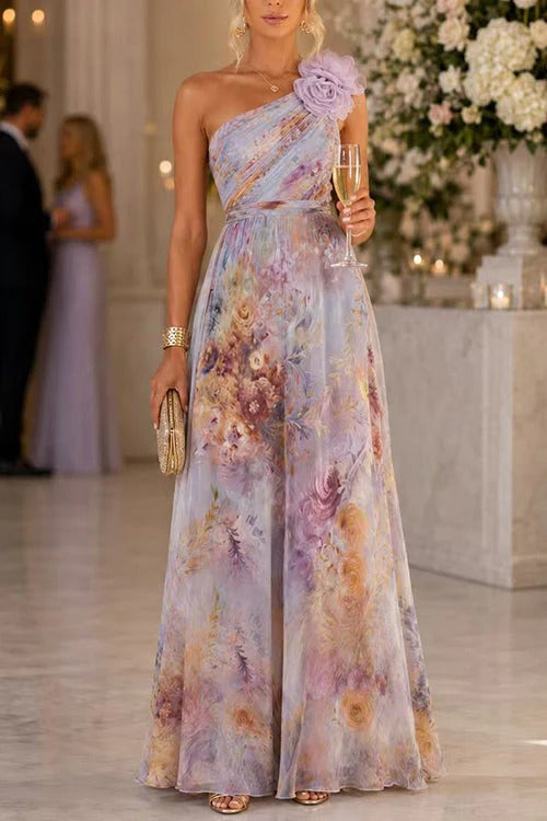 Verne Chiffon 3D Floral One Shoulder Pleated Sleeveless A-Line Gown Maxi Dress