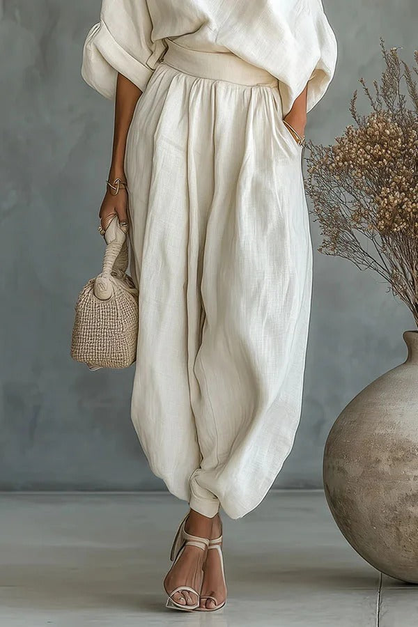 Cressa Linen Blend Off Shoulder Loose Top and High Rise Pocket Tapered Pants