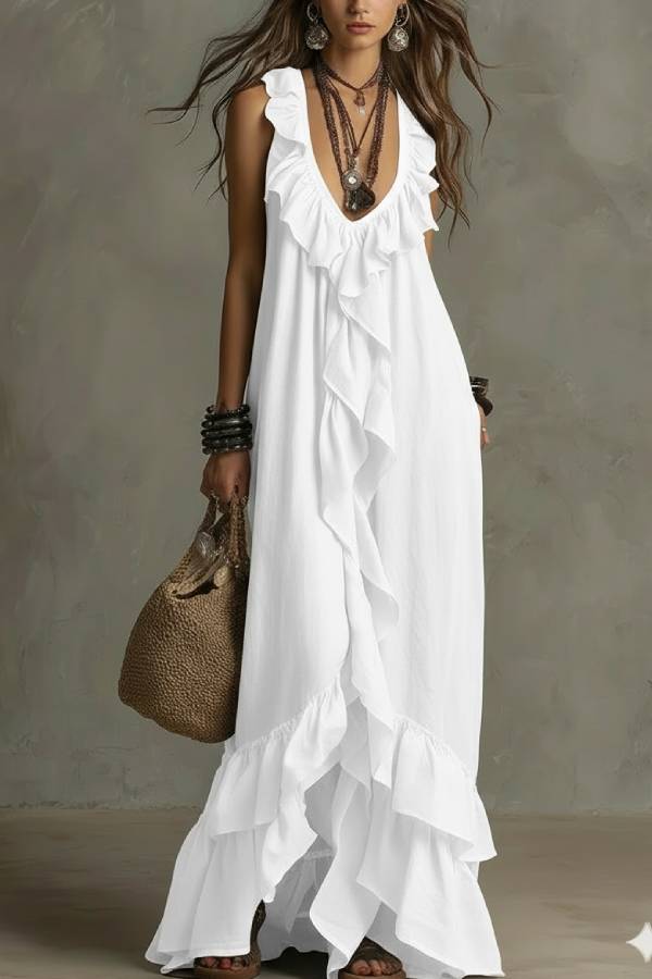 Bohemian Deep V-Neck Ruffle Sleeveless Maxi Dress