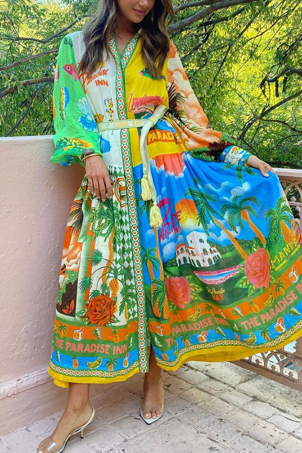 Summer Vacation Style Printed Long-sleeved Dress