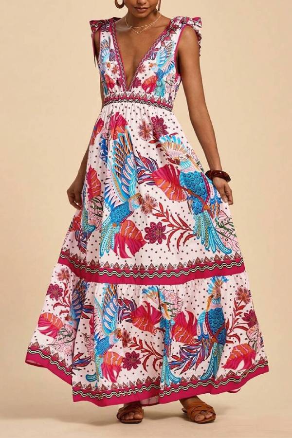 Bohemian Deep V Tie Print Long Swing Dress