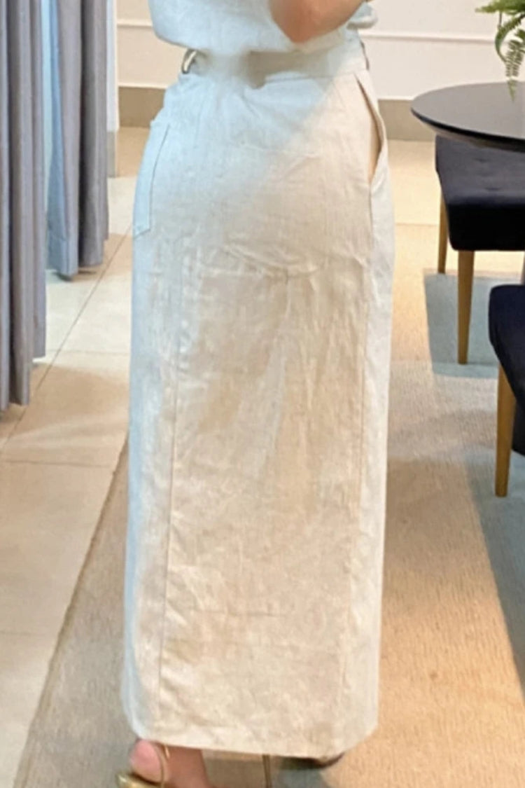 Charming Lady Linen Blend Floral Embellishment Tank and High Rise Pocketed Slit Skirt Set