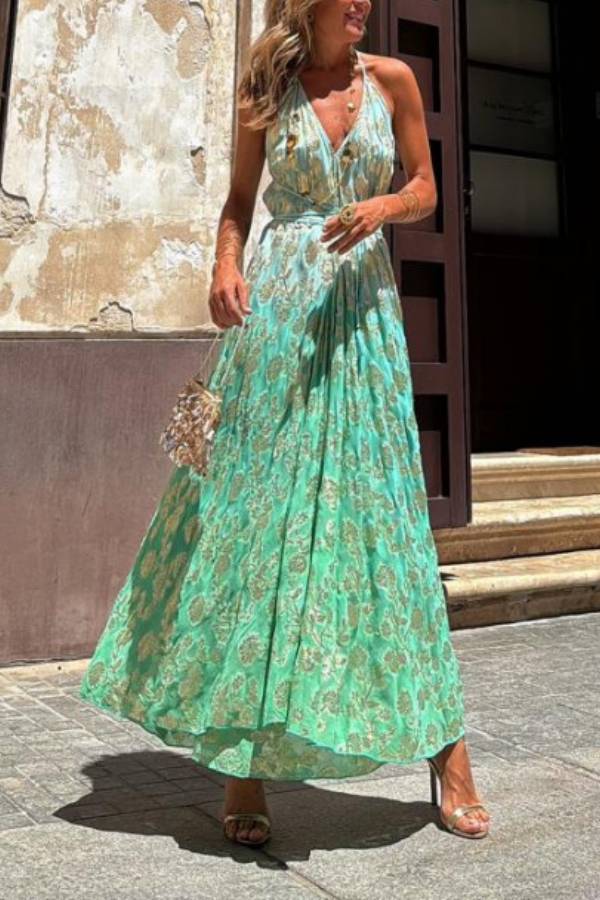 Bianca Tie-dye Ombre Gold Floral Print A-line Halterneck Maxi Dress