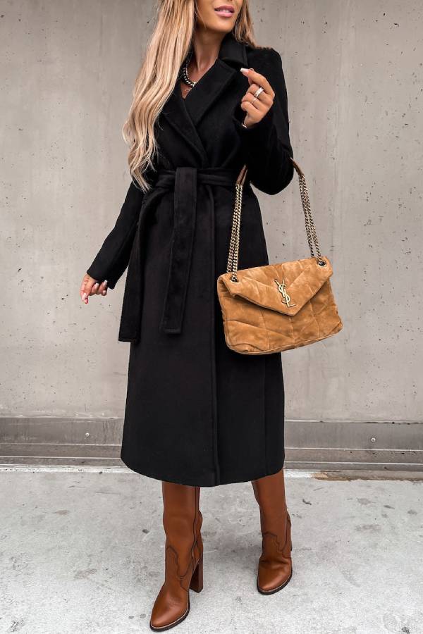 Lapel belted long wool coat