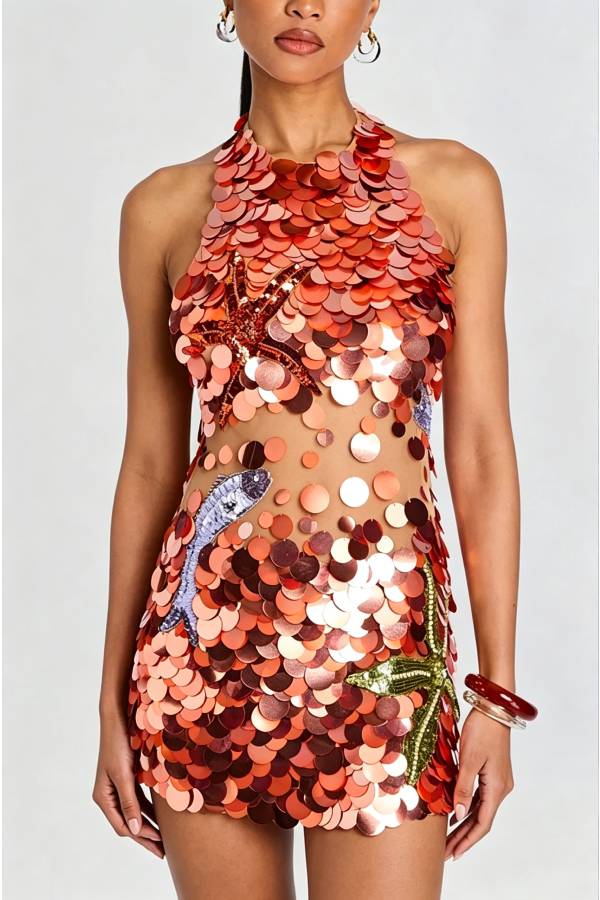 Dorothy Large Sequin Fish and Starfish Embroidery Detail Halter Mini Dress