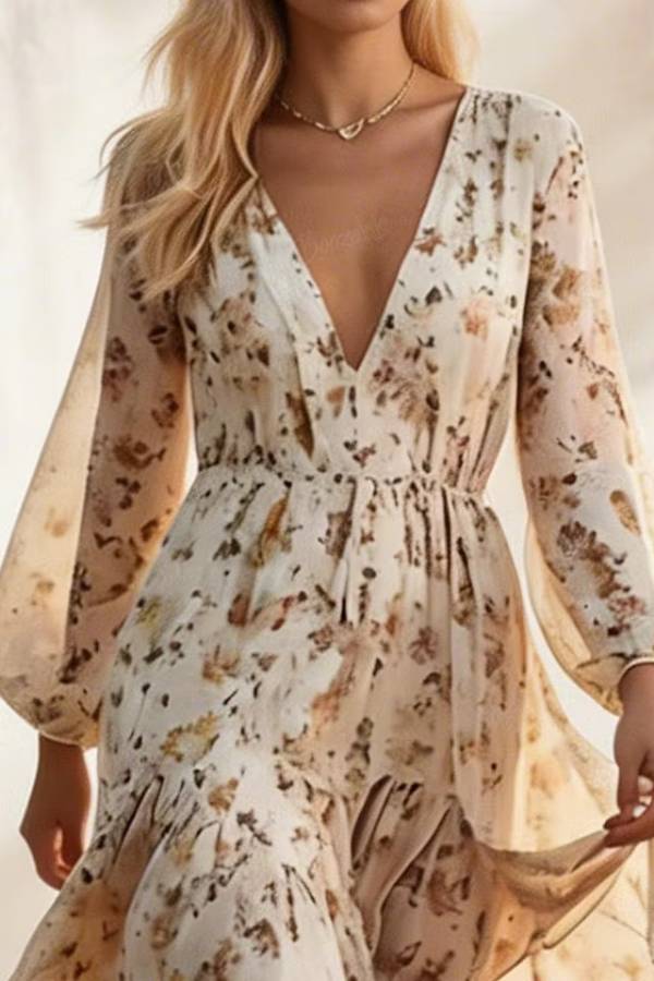 Bohemian V-Neck Irregular Hem Printed Long-Sleeved Dress