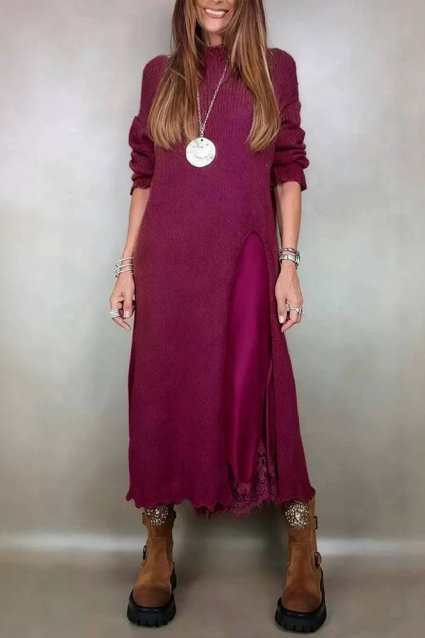 Retro knitted slit two-piece long skirt