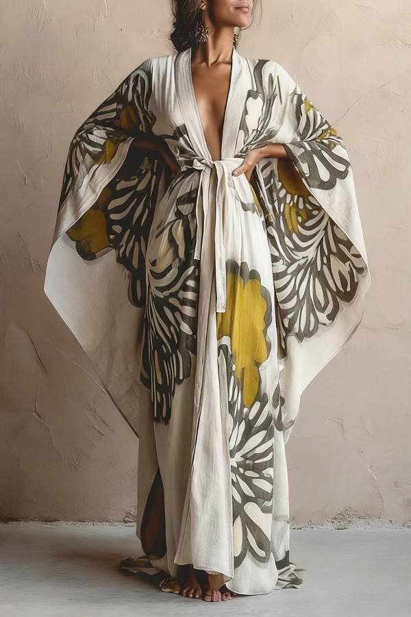 Retro Print Tie-Waist Loose Robe Cardigan