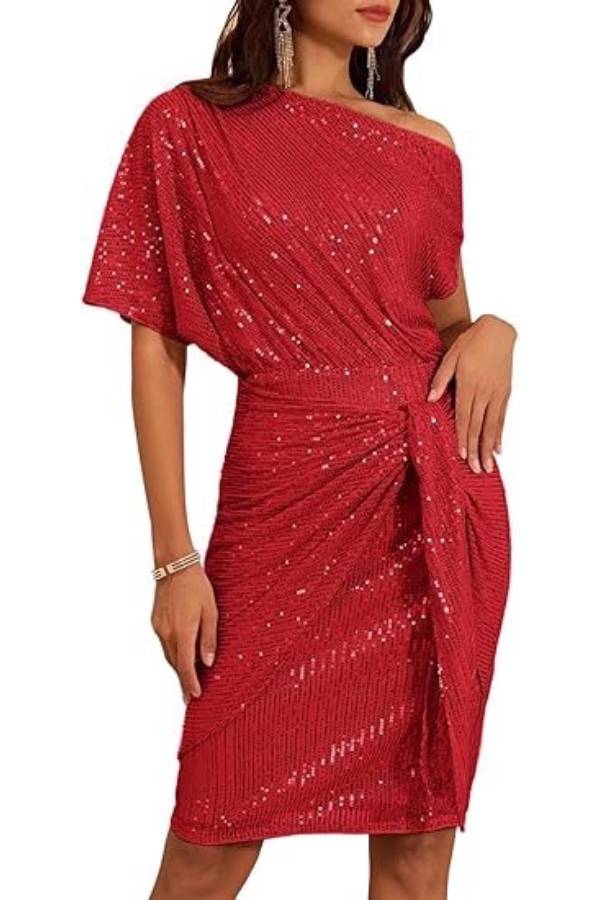 One-shoulder sequined twisted fitted party dress