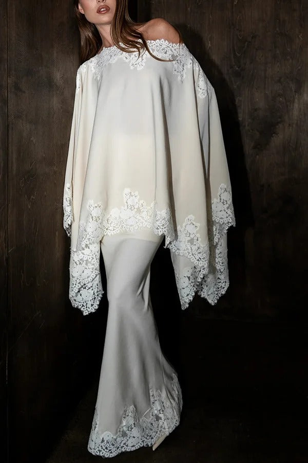 Like A Swan Satin Lace Trim Off Shoulder Wide Sleeve Cape Top