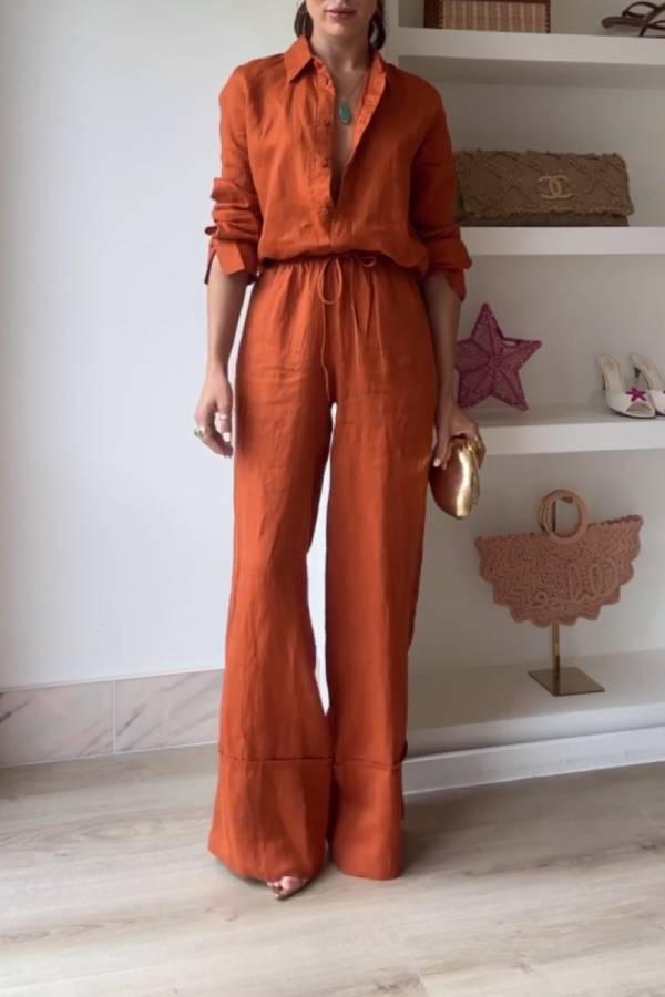 Two-piece set of linen loose-fitting wide-leg pants with shirt collar