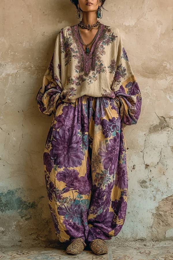 Bohemian Floral Print Loose V-neck Top And Wide-leg Pants Set