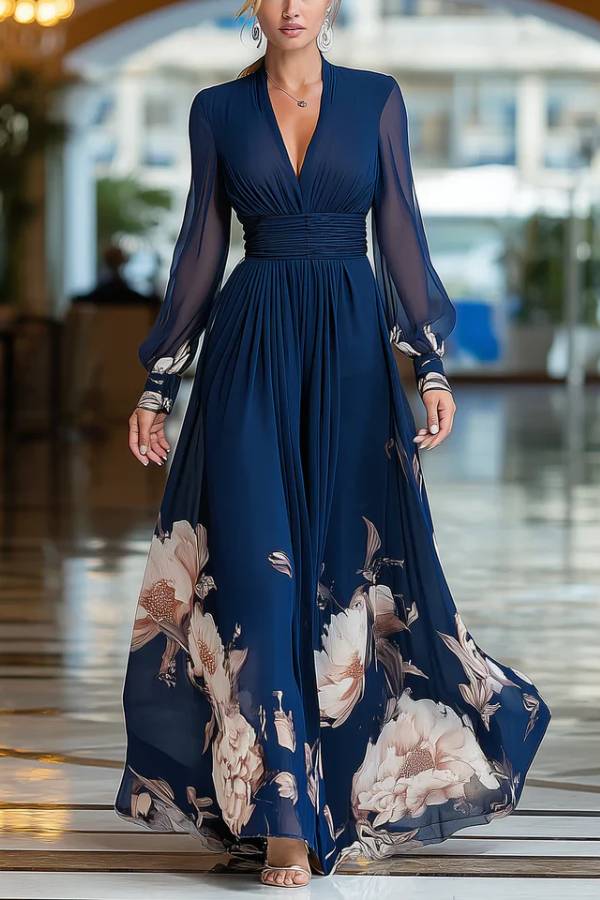 Navy Blue V-neck Tulle Sleeve Pleated Floral Maxi Dress