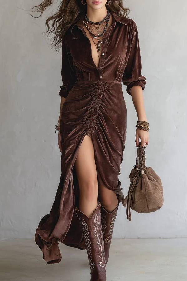 Vintage pleated velvet midi dress with buttons