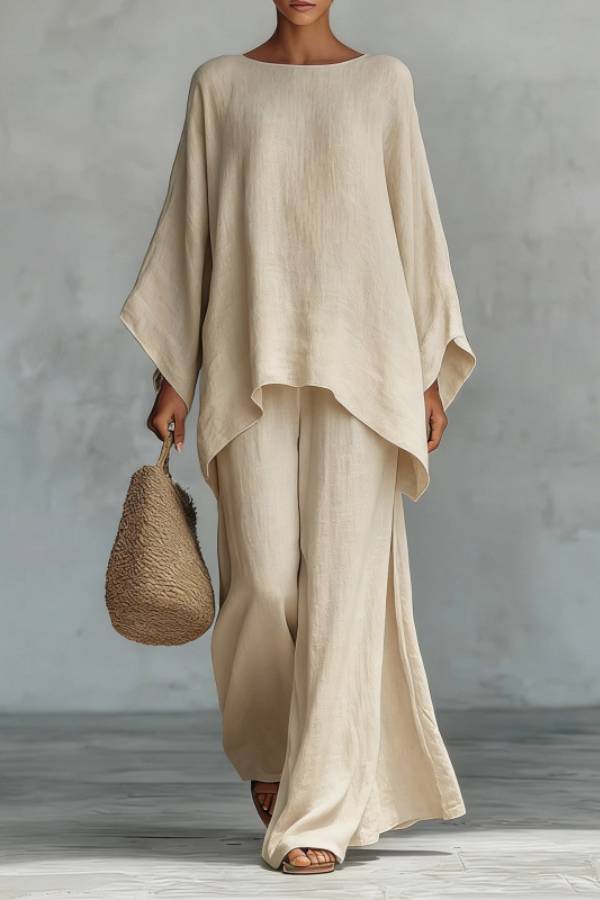 Linen-Style Oversized Top + Slit Wide-Leg Pants Set