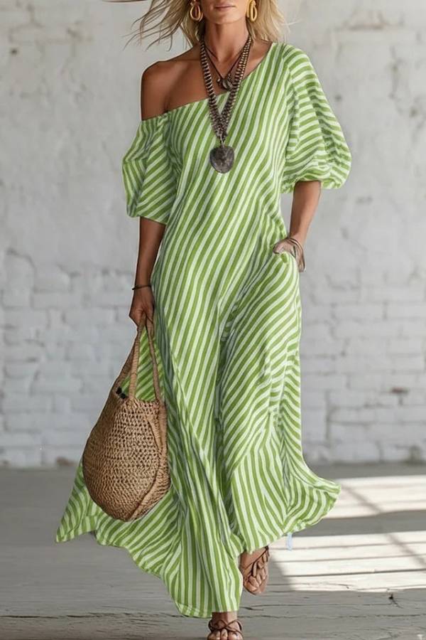 Asymmetric One-Shoulder Striped Maxi Dress