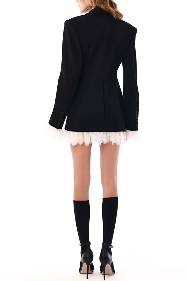 Cue The Chic Lace Trim Button Long Sleeve Lapel Blazer Mini Dress