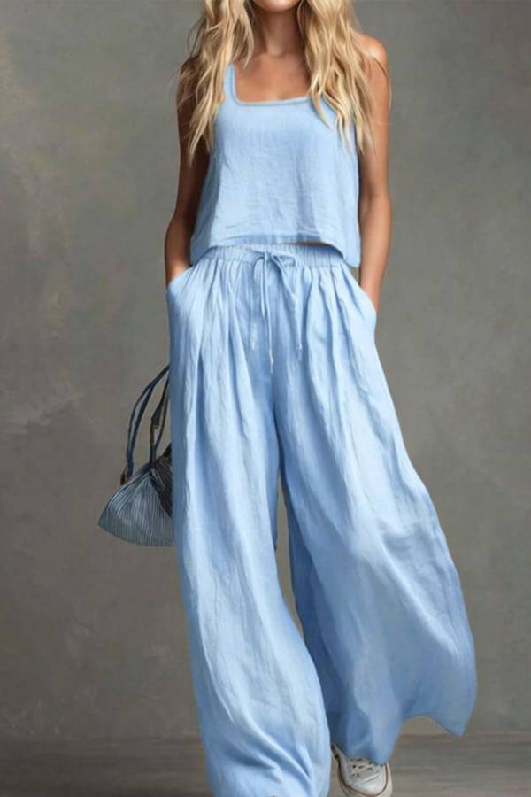 Linen-Style Square-Neck Cami and Wide-Leg Pants Set