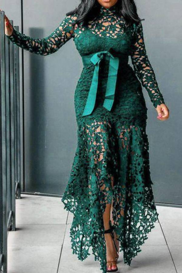 High-neck lace bow tie irregular long skirt