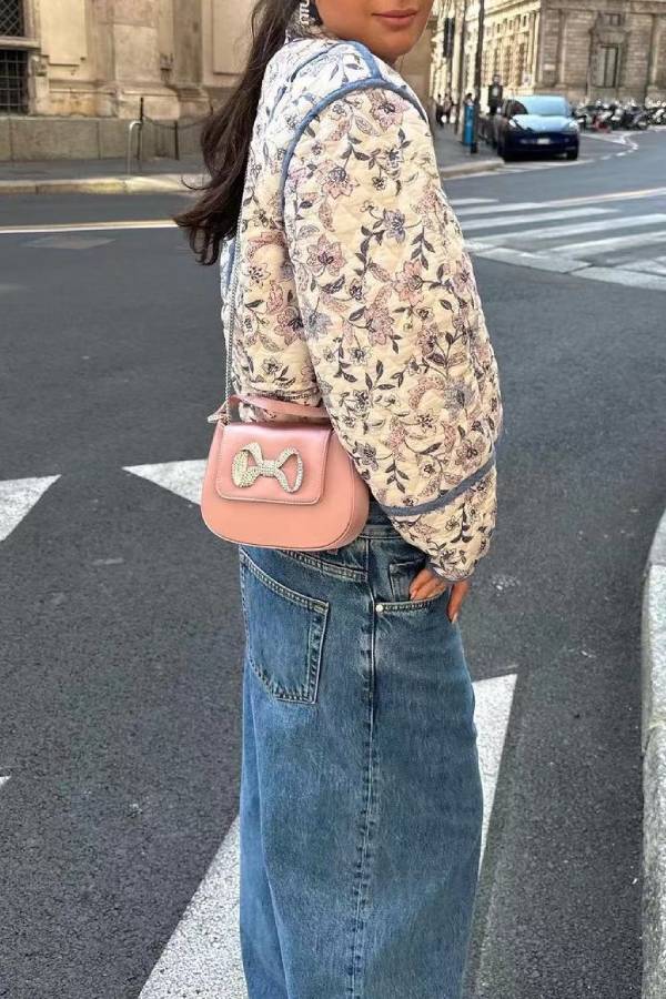 Retro print quilted short jacket