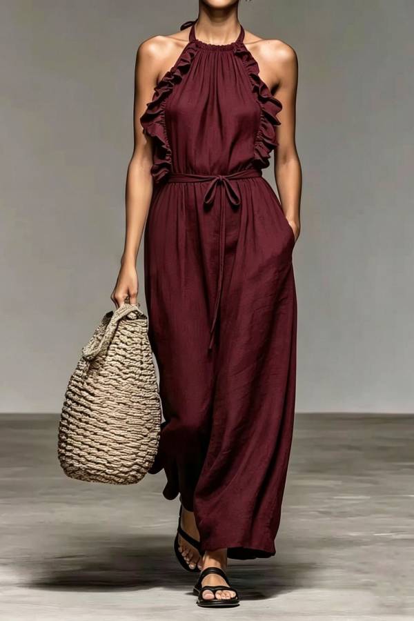 Halter Ruffle Trim Tie Waist Linen Wide Leg Jumpsuit