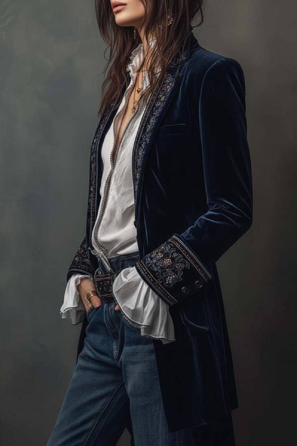 Vintage Navy Polyester Velvet Embroidered Long Jacket