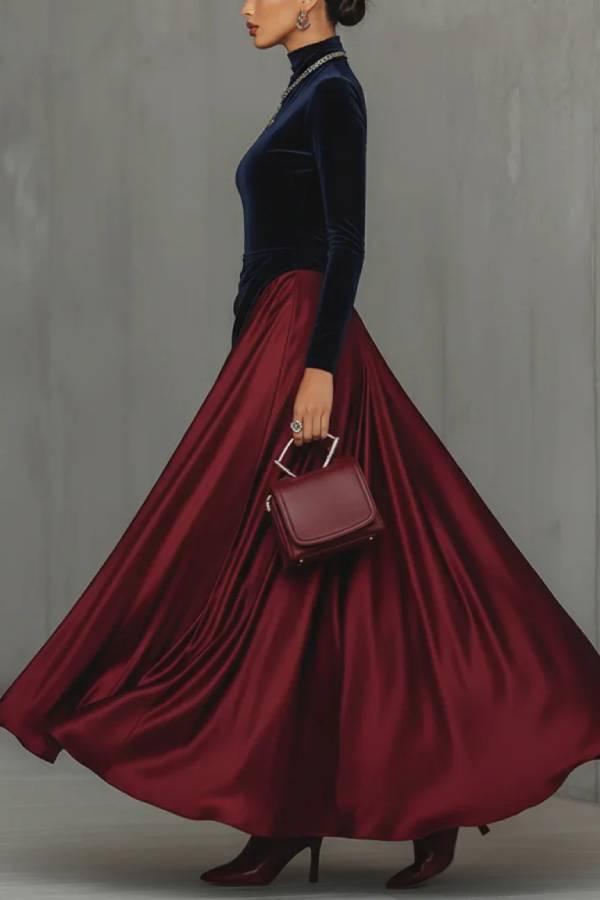 Blue Velvet And Burgundy Satin Color Block Long Dress