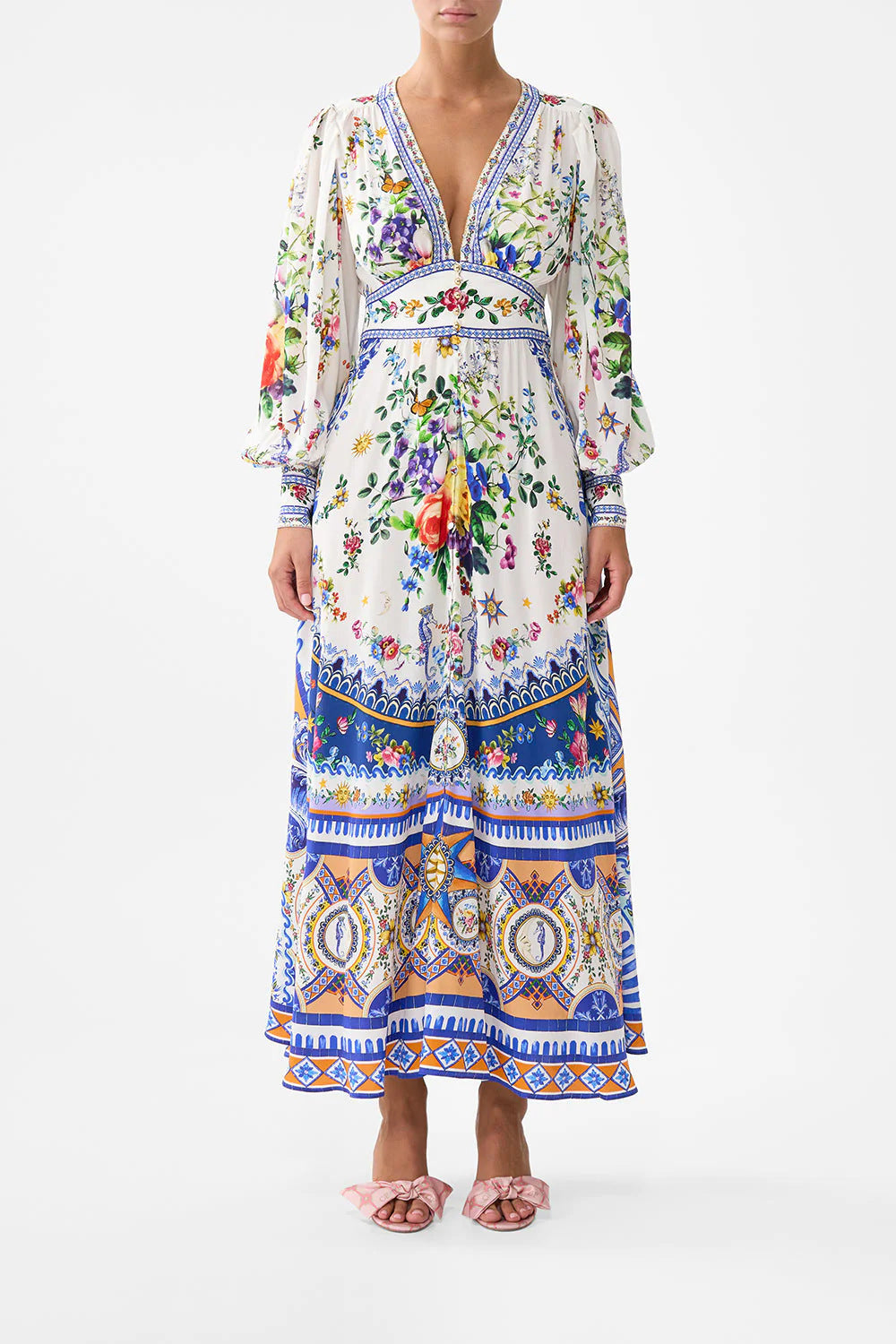 Art Print V-Neck Waisted Palace Style Maxi Dress