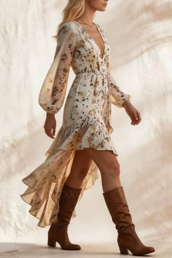 Bohemian V-Neck Irregular Hem Printed Long-Sleeved Dress