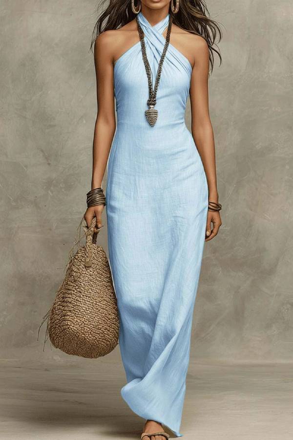 Cross Halter Linen Fitted Vacation Maxi Dress