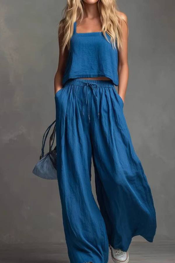 Linen-Style Square-Neck Cami and Wide-Leg Pants Set