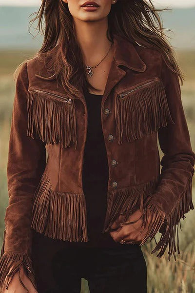 Retro-style Lapel Long-sleeved Tassel Casual Suede Short Jacket