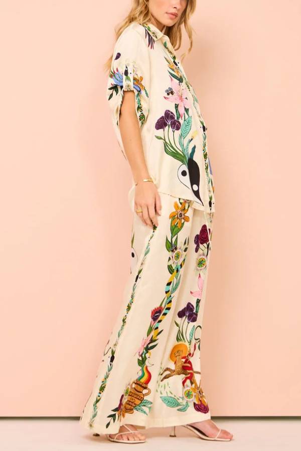 Claire Satin Unique Print Elastic Waist Pocketed Wide Leg Pants