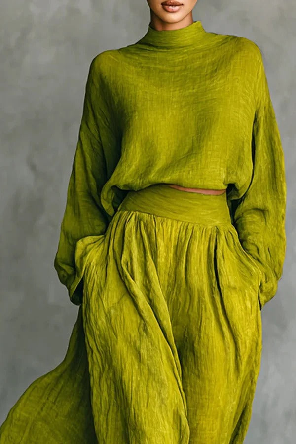 Linen Blend Solid Color Loose Long-sleeved Top and High-waisted Casual Pocket Maxi Skirt Set
