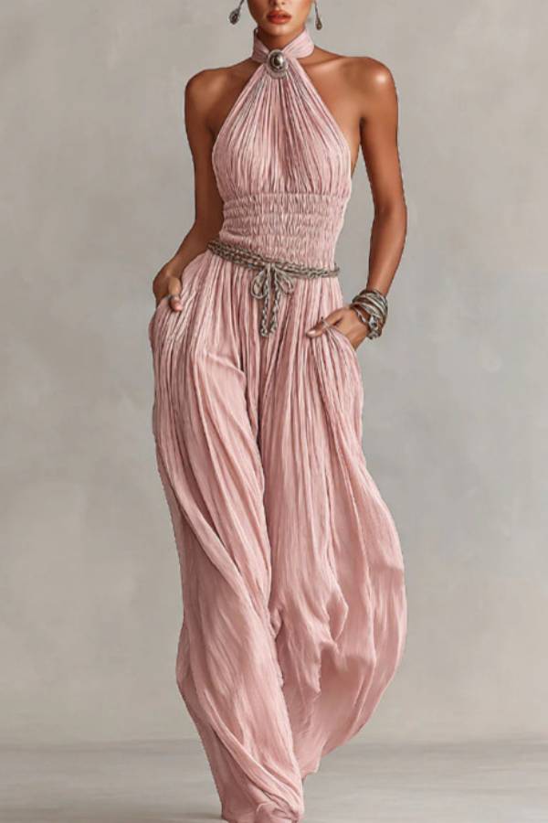 Halter Ruched Waist Wide-Leg Jumpsuit