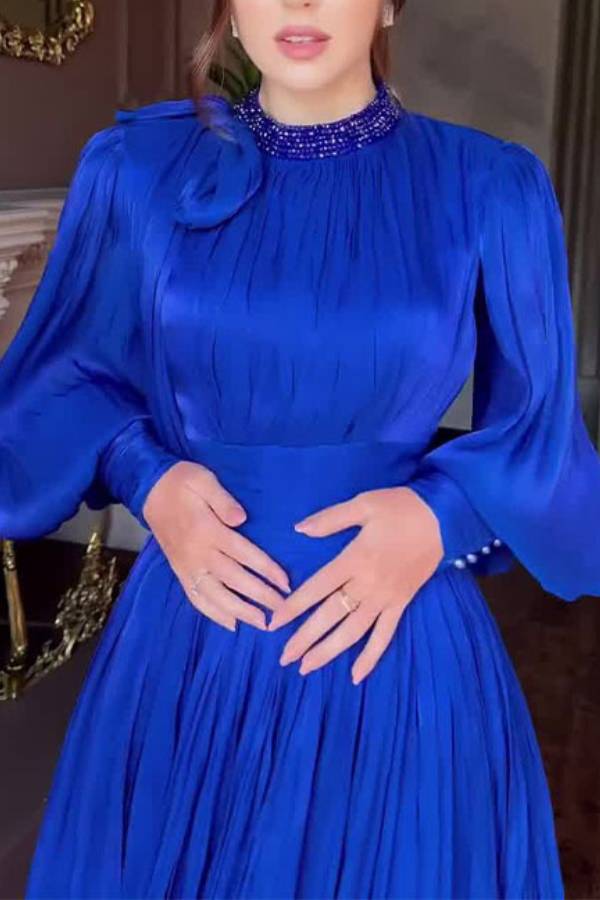 Retro court style puff sleeve waist-cinching pleated evening gown