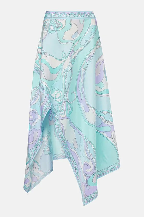 Satin Unique Print Halter Top and Irregular Midi Skirt Set