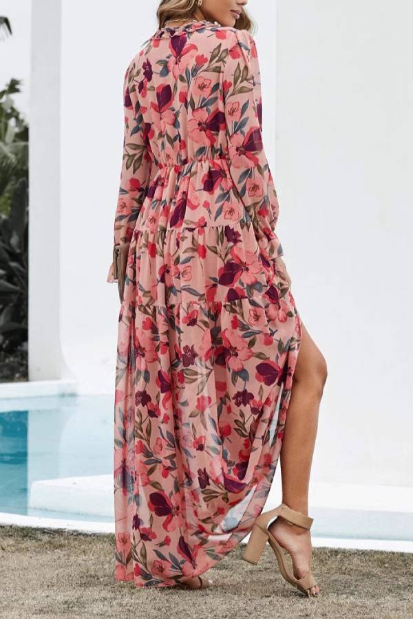 V-neck ruffled floral maxi dress with waist and wide hem