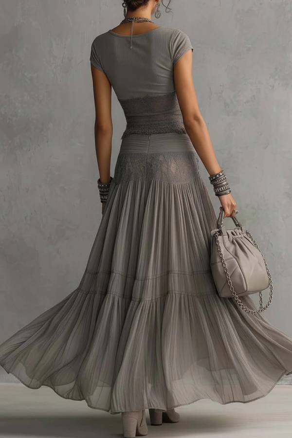 Lace-Trim Knit Top & Pleated Chiffon Maxi Skirt Set