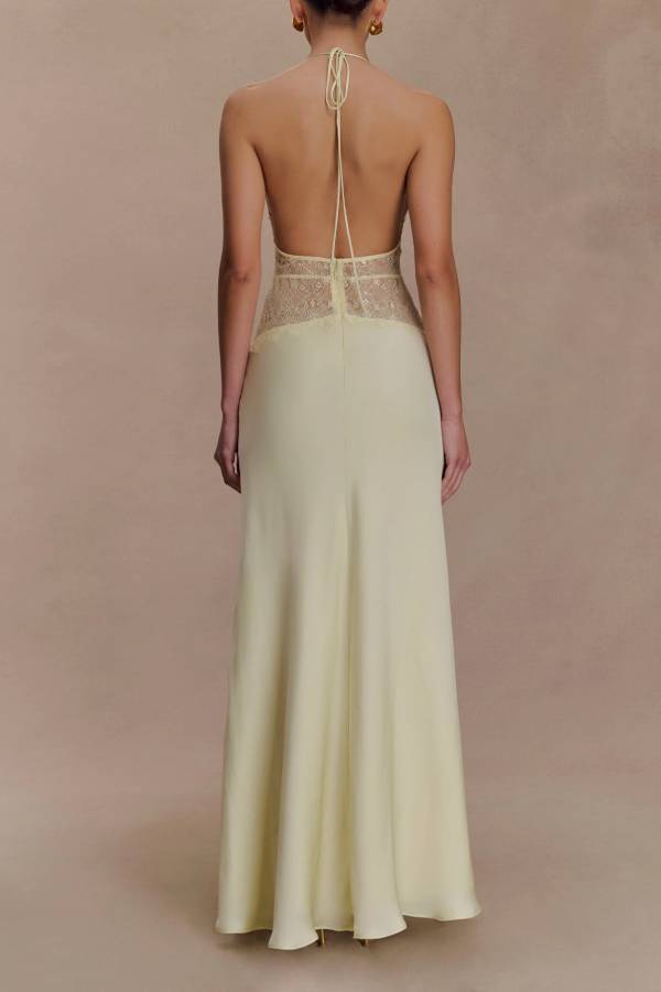 Soft and elegant halterneck lace-paneled maxi dress