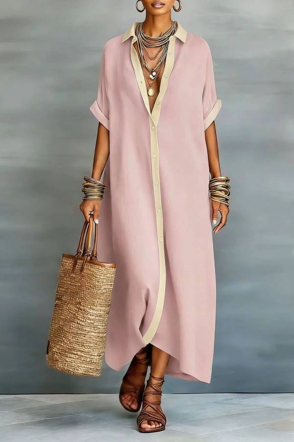 Color Contrast Collar Long Shirt Dress