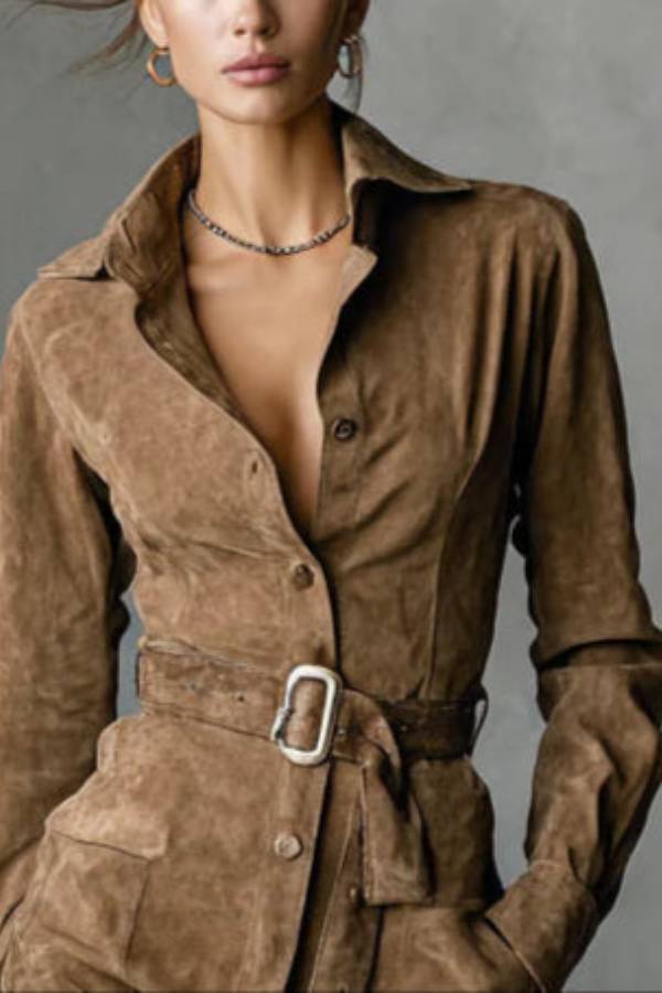 Suede Single Breasted Lapel Long Sleeve Midi Dress