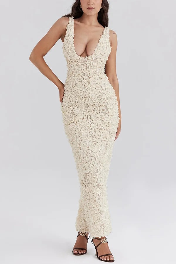 Three-dimensional Flower Sexy V-neck Slim Maxi Dress